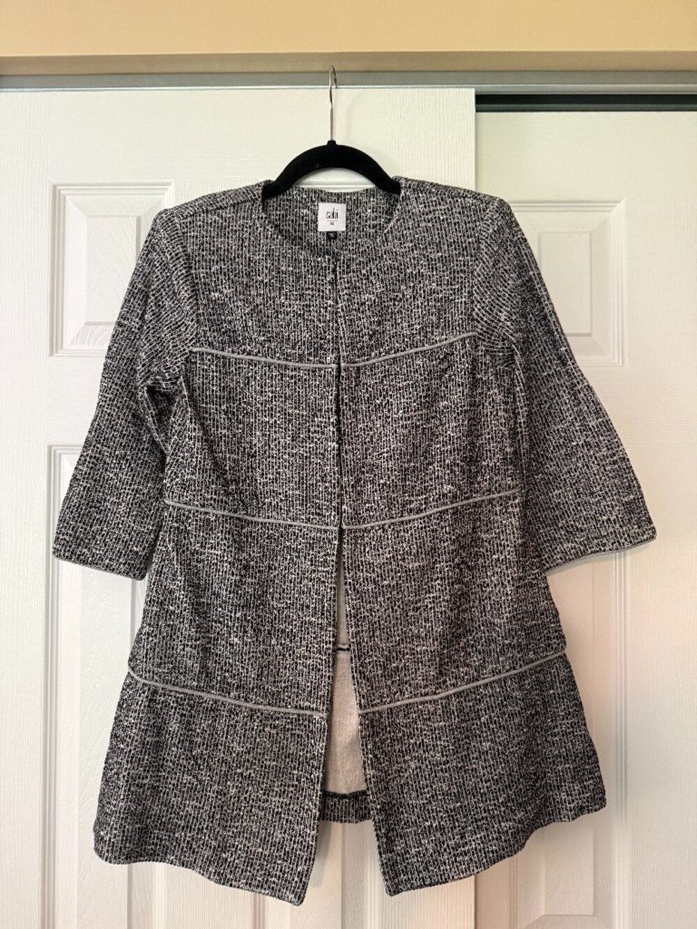 CABi Black Gray Long Knit Jacket XS 3/4 Sleeve Piping Stretch